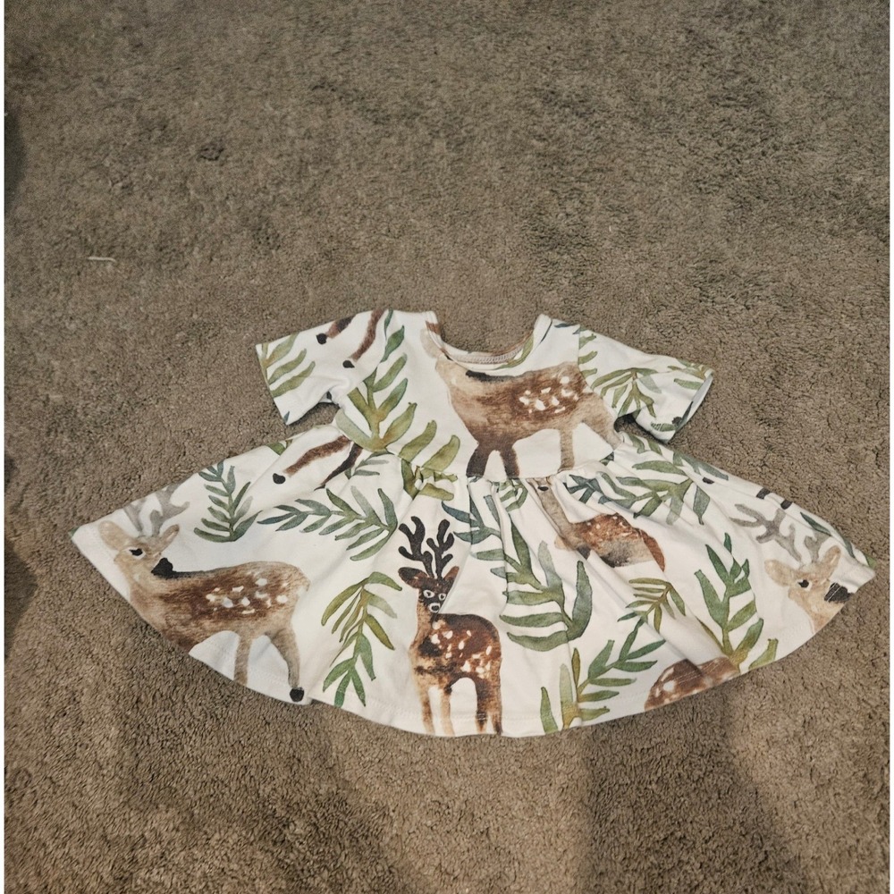 Vivie & Ash Baby Girl Woodland Deer Print Dress Short Sleeve Cream 3-6 Months